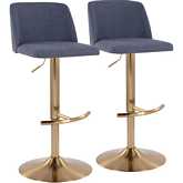 Toriano Adjustable Swivel Bar Stool in Blue Fabric & Gold (Set of 2)